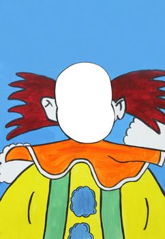 Abstract background of colorful painted clown with blank face and copy space. Original artwork painting.