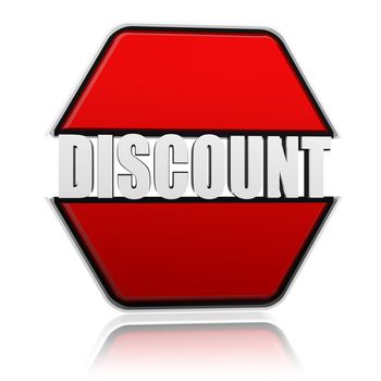 text discount button - red hexagon banner with 3d white letters, business concept