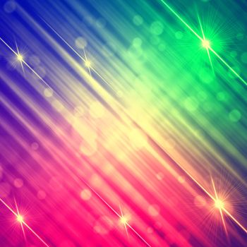 abstract rainbow background with shining yellow lines and stars, pink, violet green gradient