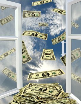 image of opened window to the heaven and flying away dollars