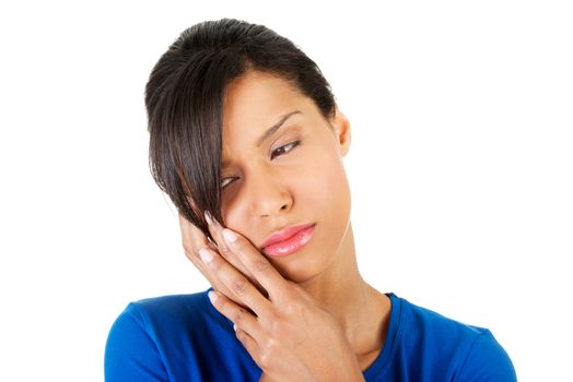 Woman with toothache , isolated on white