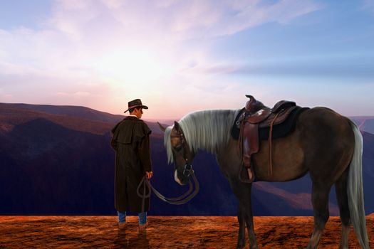 A cowboy stands on a high plateau with his cow pony just as the sun rises on a new day.