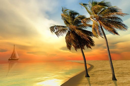 A sailboat passes by an island with Palm trees by the shore.