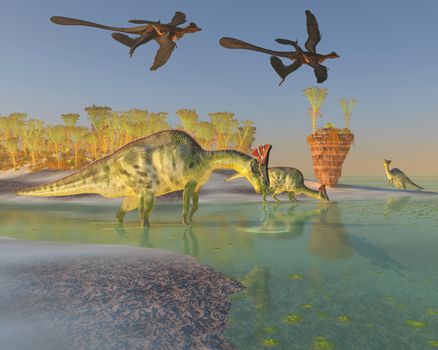 A family of Olorotitan dinosaurs eat duckweed in a large swamp as two Archaeopteryx birds fly over.