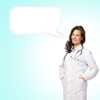 young woman doctor says cloud over his head, place for text