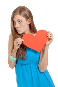 smiling young woman and red heart card copyspace valentines day love isolated