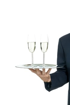 adult male waiter serving two glass of champagne isolated on white