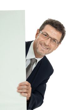 mature smiling businessman holding billboard copyspace isolated on white
