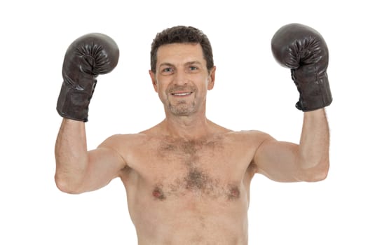 adult smiling man boxing sport gloves boxer isolated on white