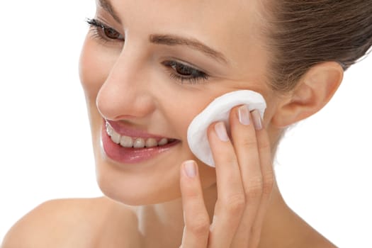 beautiful young woman portrait make up removing isolated cosmetic clean purity