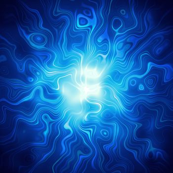 abstract star with blue shining curlicues and spirals over dark background