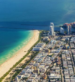 aerial of town and beach of Miami Beach