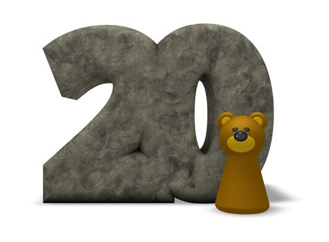 stone number twenty and brown bear - 3d illustration