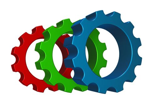 gear wheels in rgb colors on white background - 3d illustration