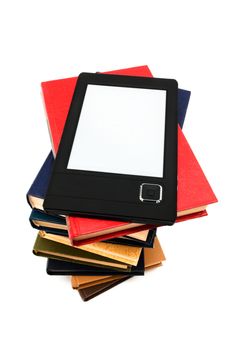 e-book and old books on a white background