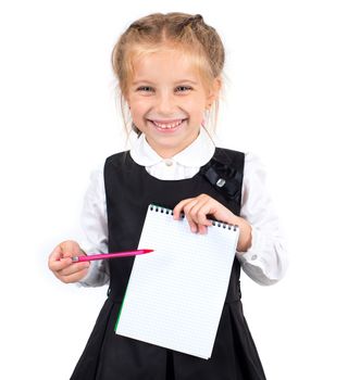 cute schoolgirl with a white sheet of notebook and pen