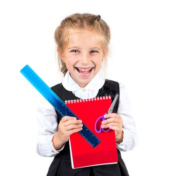 little cute girl with a stationery on white