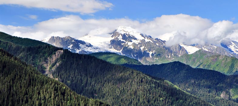 Mountains and forest on blue cloudy sky background. Landscape