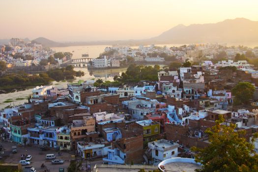 An areal view of Udaipur - the City of Lakes in the state of Rajastan in India. The city was founded my the Maharana Udai Singh II in the XVI century