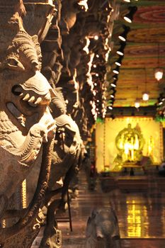 Inerior view of the Meenakshi Amman Kovil temple located in the southern bank of river Vaigai in the city of Madurai, Tamil Nadu, India.