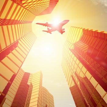 Plane flying above skyscrapers. Business travel concept