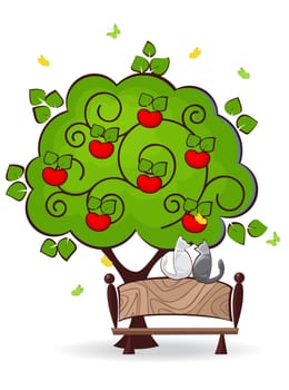 cat sitting on a bench under an apple tree and look for butterflies