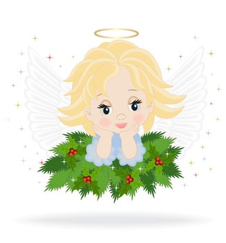 angel on spruce branches isolated on white background