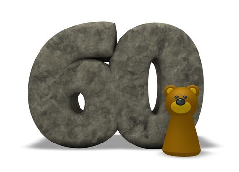 stone number sixty and brown bear - 3d illustration