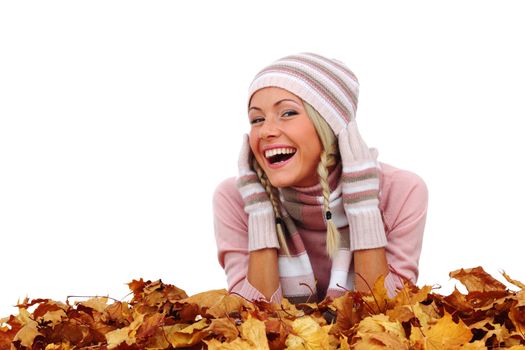  studio portrait of autumn woman in  yellow leaves