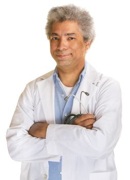 Confident mature doctor with stethoscope on white background