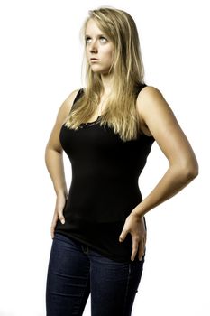 Amazed blonde girl with blue eyes looks upwards isolated on white background