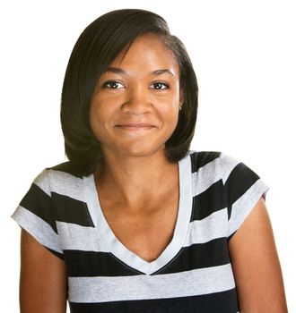 Cute blushing young African female in striped shirt