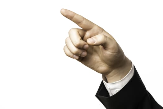 Finger of a businessman in a suit pointing at something, isolated on white background