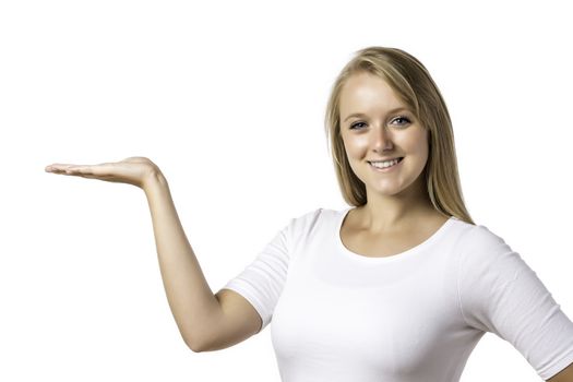 Laughing blond woman with blue eyes holding the palm of the right hand up, isolated on white background