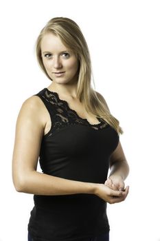 Portrait of a young woman, isolated on white background