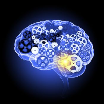 Illustration of human brain with cogwheel mechanisms