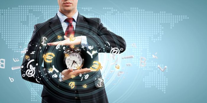 Image of businessman holding alarmclock against illustration background. Collage