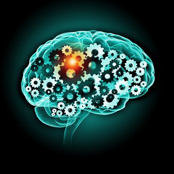 Illustration of human brain with cogwheel mechanisms