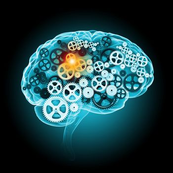 Illustration of human brain with cogwheel mechanisms