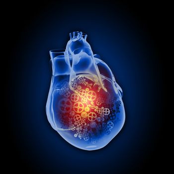 Human heart with cog and gear mechanisms against black background