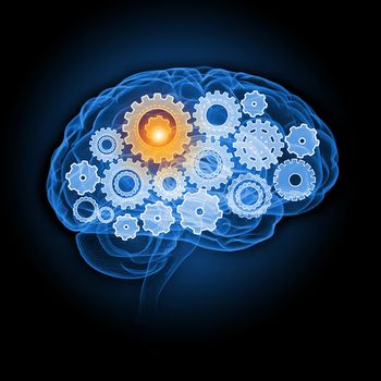 Illustration of human brain with cogwheel mechanisms