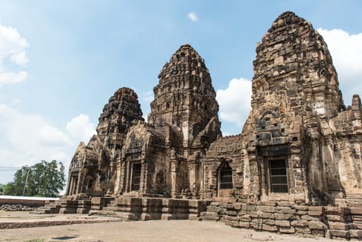 Thailand ancient old temple made from red brick and lime stones, taken on a sunny day