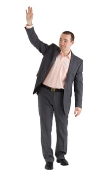 man in a business suit waves his hand on a white background