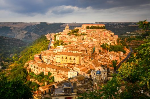 View of beautiful village Ragusa ibla at sunset, Sicily, Italy