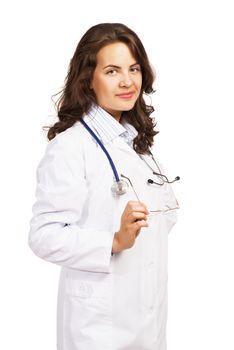 woman doctor holding glasses and smiling, isolated on white background