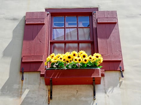 red window with sunflowers renaissance european village