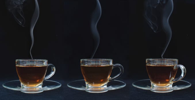 Three glass cups of hot tea