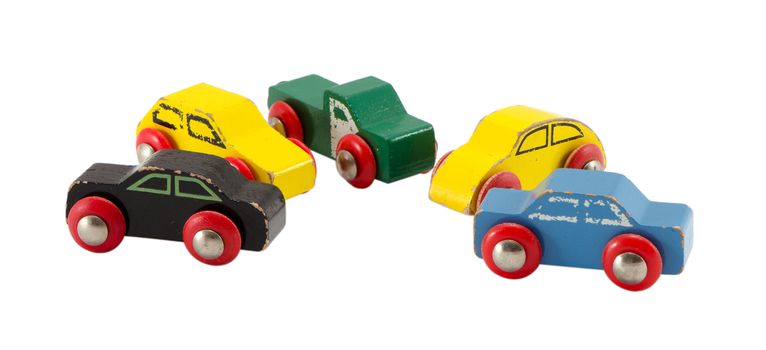 vintage colorful toy models cars objects isolated on white background.