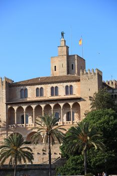 View of the exterior gothic facade of the Royal Palace of Almudaina, Palma, Mallorca, Spain