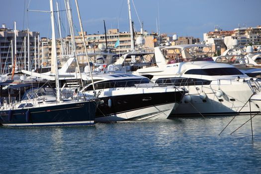 Luxury yachts moored in a harbour with urban waterfront buildings visible behind